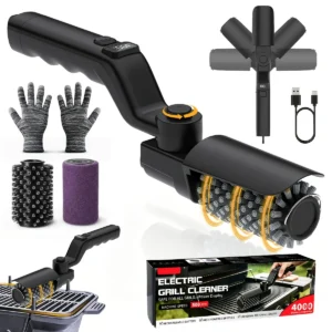 Built-in 4000mAh Rechargeable Battery with 3 Adjustable Speed Modes. The Rotating Cleaning Head Delivers Powerful Scrubbing Force to Remove Burnt Grease, Charred Residue and Food Debris on Grills Without Strenuous Manual Brushing.